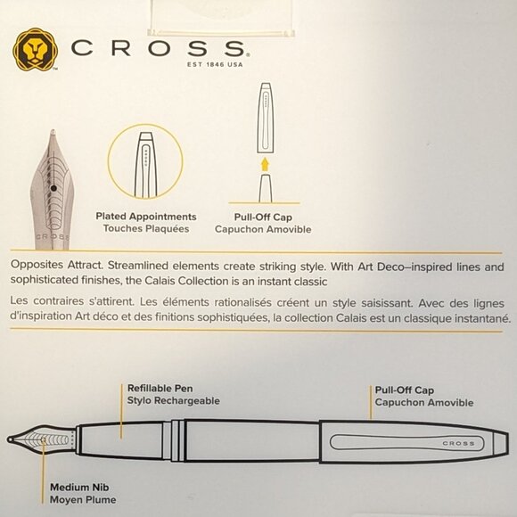 Cross Calais Fountain Pen, Blue Lacquer & Chrome, Medium Nib (NWT) - Picture 4 of 4